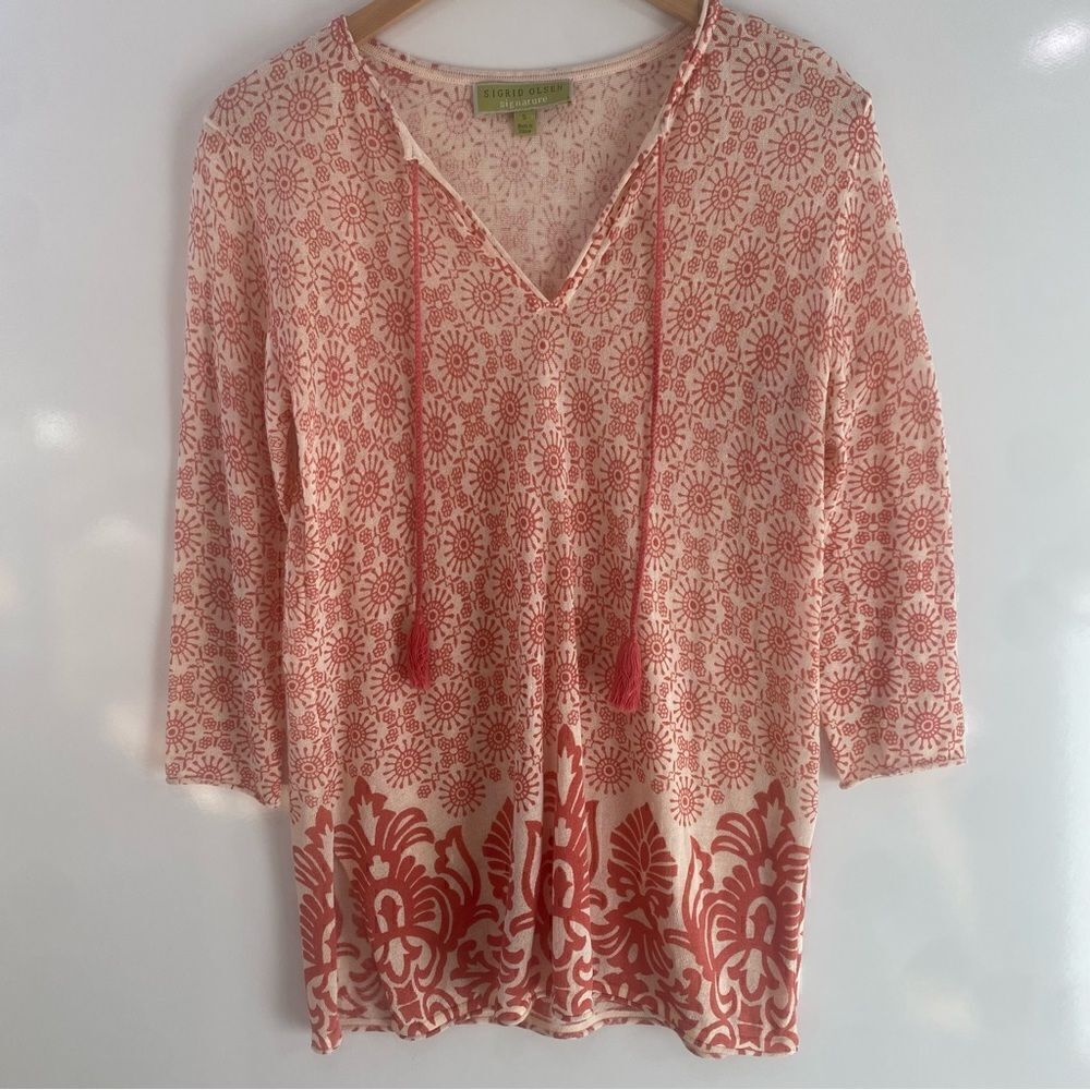Sigrid Olsen boho pattern salmon 3/4 sleeve light weight top small